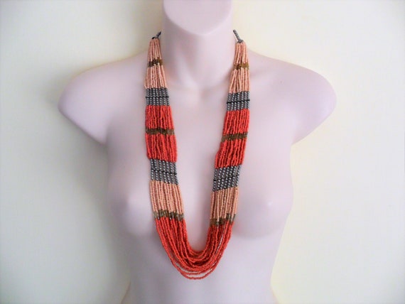 Vintage Coral Pink Seed Bead Bib Necklace: Multi Strand Ethnic Statement