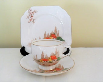Vintage Art Deco Hand Painted China Trio Cup Saucer Plate Bone China Cottage Landscape Scene