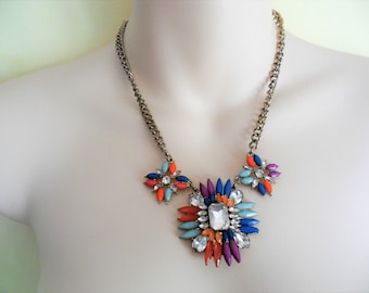 Vintage Clear Rhinestone Gold Tone Metal and Faux Multi-color Rainbow Resin Stones Adjustable Ethnic Style Colourful Bib Necklace