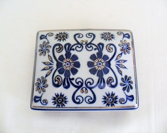 Vintage Square China Blue White and Gold Dome Lid Trinket Jewellery Box  Hand Painted Floral Porcelain