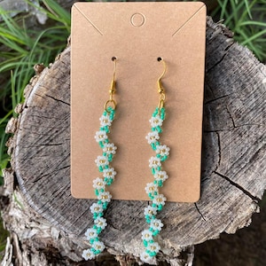 Hand Sewn - Handmade - Flower Vine - Daisy Chain - Floral - Dainty Boho - Bohemian - Glass Seed Bead Beaded Earrings Long Style