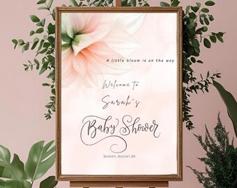 Letrero de bienvenida con diseño de bebé en flor, letrero imprimible para baby shower, plantilla de letrero con diseño de flores silvestres para baby shower de niña, letrero de bienvenida para baby shower de niña.