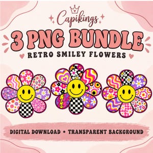 Daisy Patchwork Smiley Flower PNG Bundle, 3 Retro Floral Designs for Shirts and Sublimation