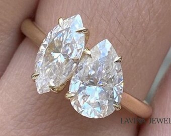 Toi Et Moi Zwei Stein Verlobungsring, Moissanite Ehering, Birnen- und Marquise-Schliff, Jubiläumsgeschenk für Frau, Vorschlag Ring für Freundin