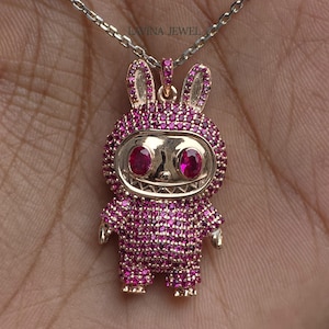 Pink Labubu Charm Necklace |Animal Necklace In Rose Gold Plated | Kawaii Character Jewelry |Gift For Her Or Him | Designer CZ Unisex Pendant