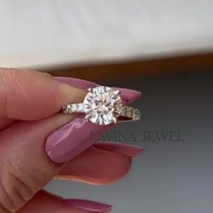 2Carat Round Moissanite Engagement Ring With Secret Halo And Low Profile in 14K White Gold Brilliant Solitaire Side Stone Anniversary Ring