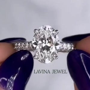 2.50CT Oval Cut Moissanite Engagement Ring, 14K Solid Gold Anniversary Ring, Three Side Pave Moissanite Ring, Moissanite Hidden Halo Ring