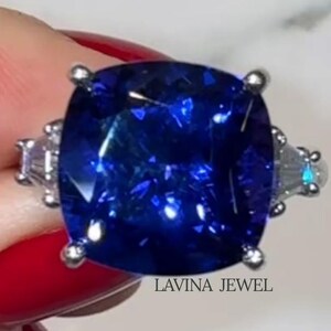 Lab Grown Blue Sapphire Gemstone Engagement Ring- Three Stone Side Tappered Baguette Anniversary Ring- Sapphire Custom Jewelry For Women&#39;s