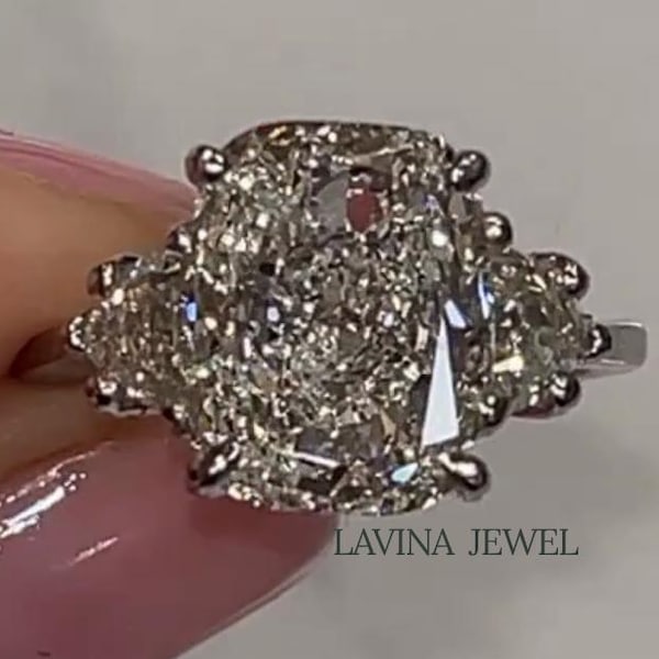 Cushion Cut Moissanite Engagement Ring Three Stone Wedding Anniversary Ring Large Moissanite Cocktail Ring Big Stone Cathedral Set Jewelry