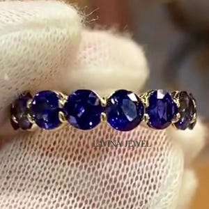 Round Cut Blue Sapphire Wedding Band 14KSolid Yellow Gold Full Eternity Band Birthstone Gemstone Jewelry Women Anniversary Band Gift For Her