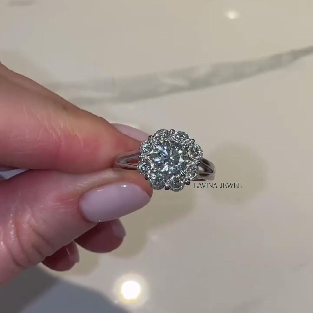 Round Cut Moissanite Flower Shaped Ring, Spilt Band Solitaire ...