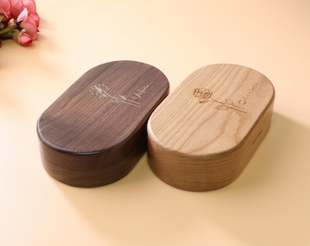 Personalized Birth Flower Walnut Wood Jewelry Box, Custom Engraved Gift