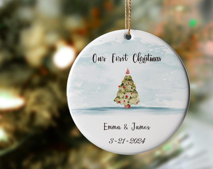 Featured listing image: White Christmas Decorations, Custom Our First Christmas, Personalized Christmas Tree Ornaments, Xmas Yard Decorations