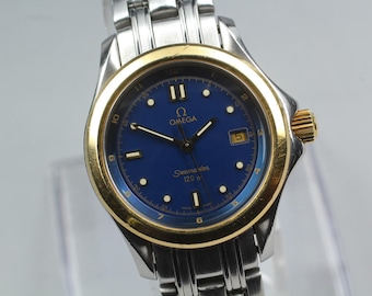 Near MINT OH OMEGA Seamaster 120m Blue 18K Gold 18KYG Quartz 30mm Ladies Watch
