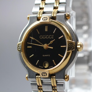 Exc+5 GUCCI 9000L Black Dial Gold Silver Two-Tone Quartz 25mm Ladies Watch JAPAN