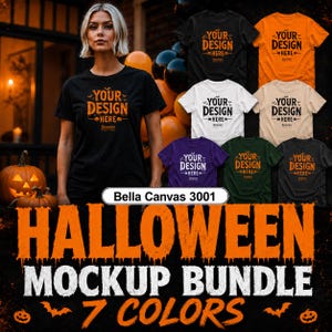 Digitales Produkt-Mockup-Bundle für Halloween-T-Shirts, Bella Canvas 3001, 7 Farben, bearbeitbare Canva-Vorlage