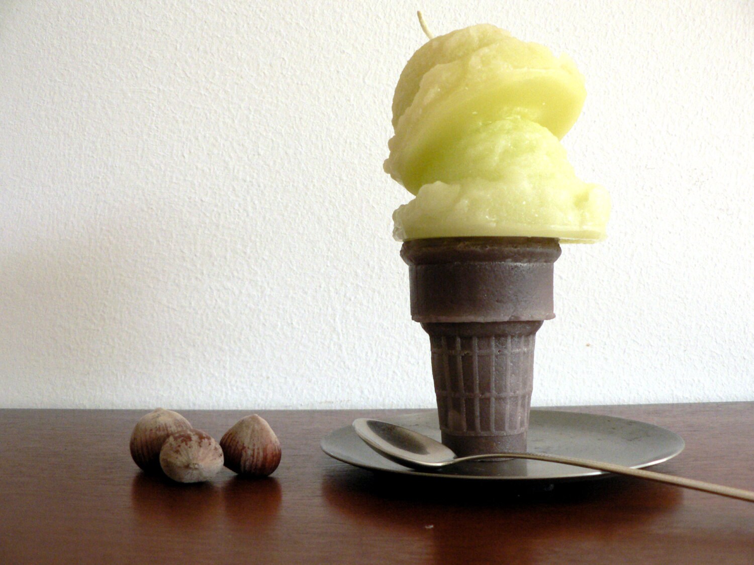Ice cream candle with two scoops / Brown cone and green scoops Etsy