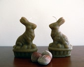 Easter bunny beeswax set of 2 candles / French lavender beeswax bunny sitting in a wood basket shaped candle / Home and Easter decor