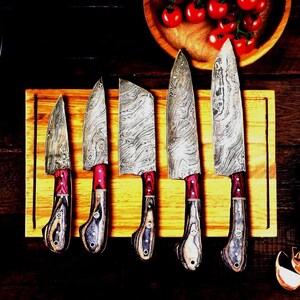 Handmade Damascus Steel Kitchen Knife Set, 5 Piece Professional Chef Knife With Roosewood Handle, Best Wedding, Anniversary Gift idea