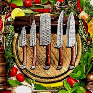 Handmade Damascus Steel Kitchen Knife Set, 5 Piece Professional Chef Knife With Wooden Handle, Best Wedding, Anniversary Gift, Gift For Him
