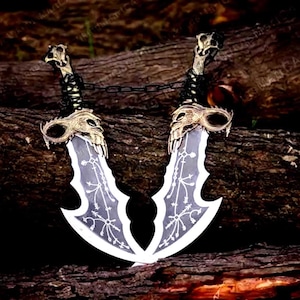 Handgefertigtes Episches Fantasy Doppelklinge Set - Verzierte Geschwungene Dolche mit Display Kette - Perfekt für Cosplay, Dekor oder Sammler, Geschenk Für Männer