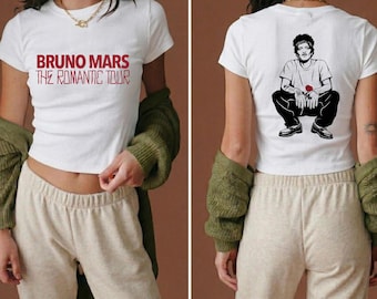 T-shirt blanc Bruno Mars The Romantic Tour, cadeau pour fan Bruno Mars, t-shirt graphique musique pop esthétique, produits tendance femme