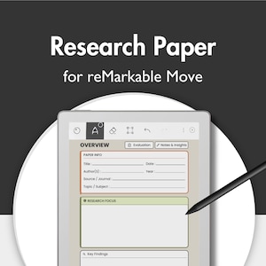 May include: A digital tablet displaying a Research Paper template for reMarkable Move, featuring an overview section with fields for paper info, research focus, and key findings, accompanied by a black stylus pointing at the screen.
