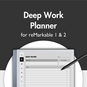 Könnte beinhalten: Ein digitaler Deep Work Planer für reMarkable 1 & 2 Tablets. Der Bildschirm zeigt eine Vorlage mit Abschnitten für Outcome, Time Block und Tasks sowie ein Seitenmenü mit Symbolen. Ein schwarzer Eingabestift liegt auf der Bildschirmoberfläche.