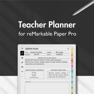 May include: A digital teacher planner for reMarkable Paper Pro displayed on a tablet screen. The screen shows a lesson plan for 5th grade science about states of matter, including sections for goals, materials, and objectives, with a stylus nearby.