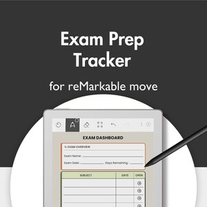 Può includere: Un modello digitale di tracker per la preparazione agli esami per tablet reMarkable move. Lo schermo mostra una dashboard d'esame con una sezione di panoramica, campi per nome, data e giorni rimanenti, e una tabella per materie e date.