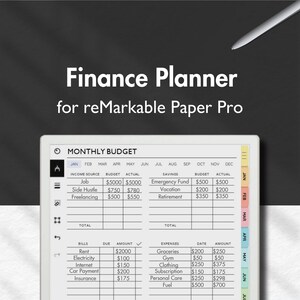 Pode incluir: Um planejador financeiro digital para reMarkable Paper Pro. O planejador apresenta um layout de orçamento mensal com seções para renda, economias, contas e despesas. O texto "Finance Planner" é exibido de forma proeminente.