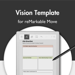 Op de afbeelding: Een digitale tablet met een Vision Template voor reMarkable Move en een zwarte stylus op het scherm. De interface bevat secties met de titels Life Direction, Patterns, My Core Priorities en How I Want My Days To Feel.