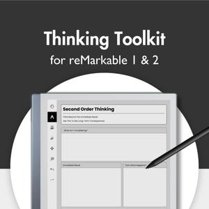 Puede incluir: Una tableta digital que muestra una plantilla titulada Thinking Toolkit for reMarkable 1 & 2. La pantalla muestra un formulario de Second Order Thinking con secciones para What Am I Considering, Immediate Result y Then What Happens, con un lápiz negro.