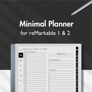 Peut inclure: Un planificateur numérique pour tablettes reMarkable 1 & 2. Le texte blanc indique "Minimal Planner" et "for reMarkable 1 & 2". Le planificateur affiche un emploi du temps, les principales priorités et une liste de tâches. Un stylet est visible.