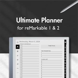 Może przedstawiać: Cyfrowy planer dla tabletów reMarkable 1 i 2. Obraz przedstawia szczegółowy układ harmonogramu dziennego z sekcjami na najważniejsze priorytety i listę rzeczy do zrobienia. Tekst "Ultimate Planner" jest wyświetlany u góry.