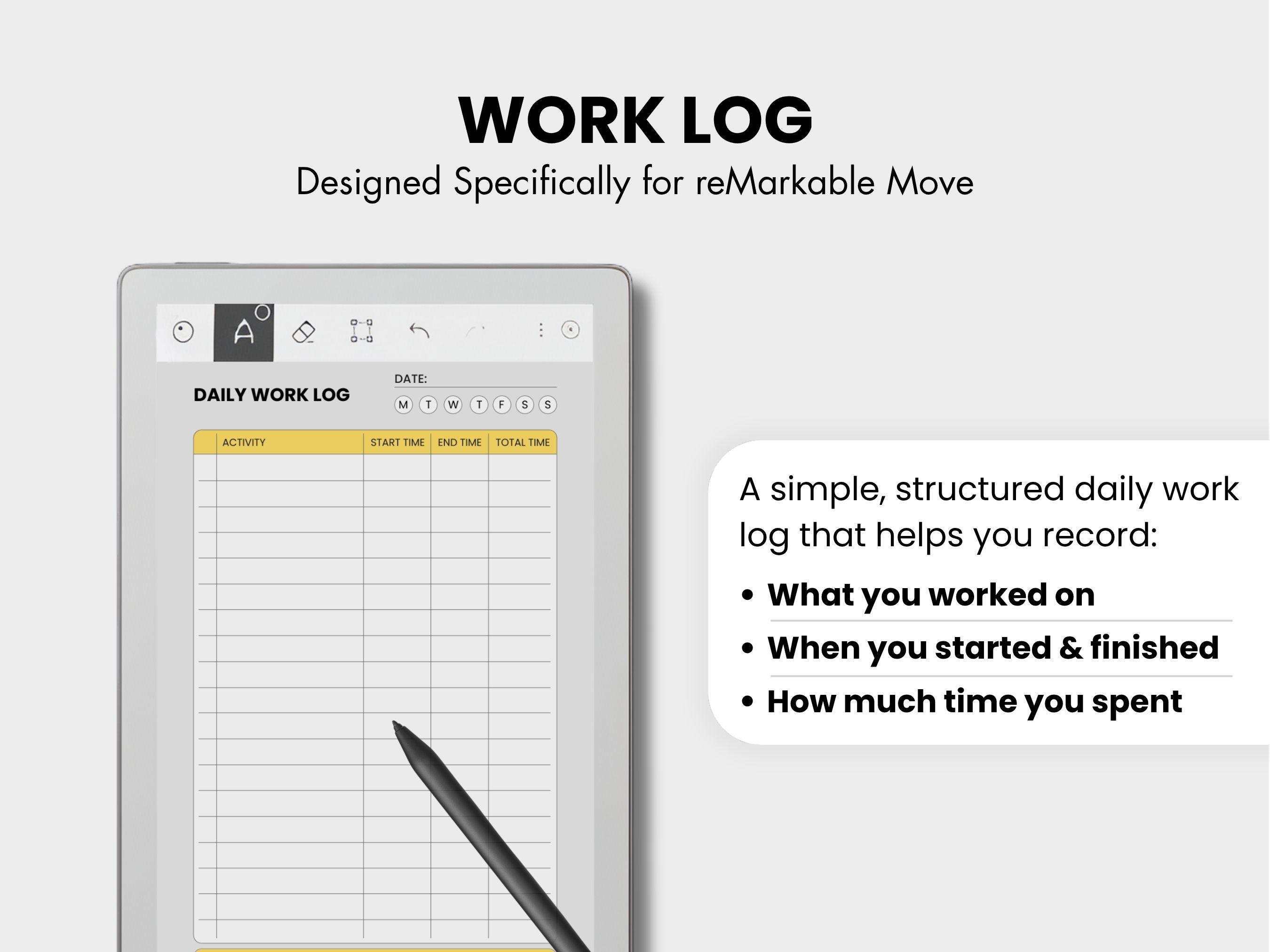 Work Log Template for Remarkable Move, Work Time Log, Hours Worked ...