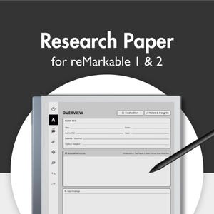 May include: A digital tablet displaying a research paper template with fields for paper info, research focus, and key findings. The screen features a sidebar with navigation icons and a black stylus resting on the surface. Text reads Research Paper for reMarkable 1 & 2.