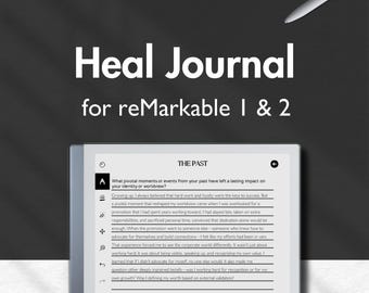 Puede incluir: Un diario digital para tabletas reMarkable 1 y 2. La imagen muestra la interfaz del diario, con el título "Heal Journal" y la sección "The Past". El diario incluye preguntas para la autorreflexión y el crecimiento personal.