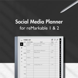 Peut inclure: Un planificateur de médias sociaux numérique pour les tablettes reMarkable 1 & 2. Le planificateur affiche un calendrier hebdomadaire avec des sections pour le jour, la plateforme, le message et l'heure. Le texte "Social Media Planner" est en haut.