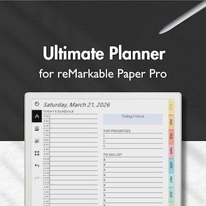 May include: Digital planner for reMarkable Paper Pro with a white background. The planner displays a schedule, top priorities, and a to-do list. The text "Ultimate Planner" is at the top, with the date "Saturday, March 21, 2026" visible.