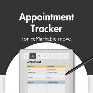 Könnte beinhalten: Ein digitaler Terminplaner für reMarkable move, angezeigt auf einem Tablet. Der Bildschirm zeigt ein Formular mit Feldern für Vorabinformationen, Nachabinformationen und Sitzungszusammenfassung. Ein schwarzer Stift zeigt auf den Bildschirm. Der Text lautet "Appointment Tracker".