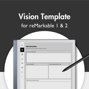 以下が含まれることがあります： Vision Template for reMarkable 1 & 2を表示したデジタルタブレット。画面上には黒いスタイラスペンが置かれています。インターフェースにはナビゲーションアイコン付きのサイドバーがあり、Life Directionというタイトルのドキュメントには目標記入用のセクションが配置されています。