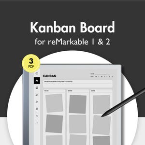 Puede incluir: Una plantilla digital de tablero Kanban para tabletas reMarkable 1 y 2. La imagen muestra un planificador digital con secciones para "Por hacer", "Haciendo" y "Hecho". También se ve el texto "Kanban Board" y "PDF".