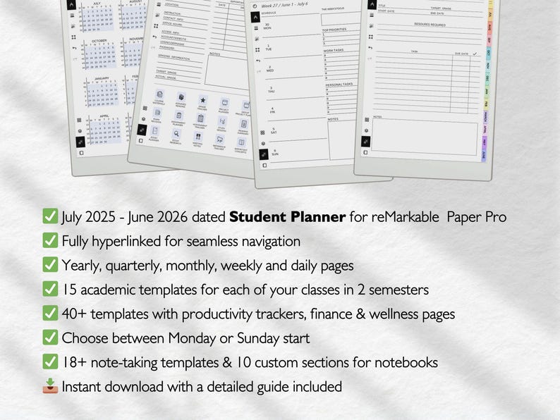 Student Planner for Remarkable Paper Pro, Study Templates for ...