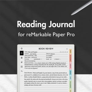 May include: A digital reading journal for reMarkable Paper Pro. The journal displays a book review of "Pride and Prejudice" by Jane Austen. The review includes details like the title, author, date published, and a summary.