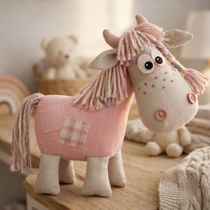 May include: A plush cow toy featuring a pink textured body with a beige face, light pink yarn hair, and a tail. The face includes two large white eyes with black pupils, two pink button nostrils, and small horns. A pink plaid patch adorns the side.