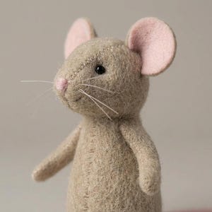 May include: A handmade felt mouse toy in shades of tan and pink. The mouse has a detailed stitched design, with pink inner ears, a pink nose, and black eyes. The whiskers are white. The toy is a soft sculpture.