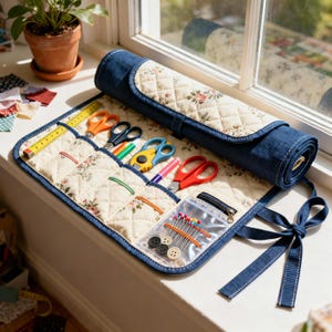 May include: A rolled-up denim sewing tool organizer with a floral quilted interior. The organizer holds various sewing tools, including scissors, a measuring tape, pins, and buttons. The organizer is tied with a denim ribbon.