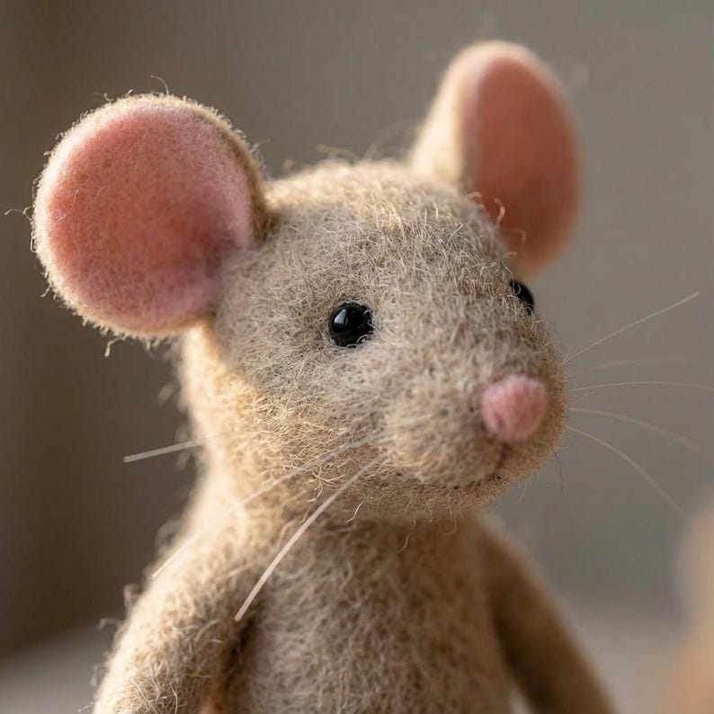 May include: A handcrafted felt mouse figurine. The mouse has a light brown body, large pink ears, a pink nose, and black bead eyes. The whiskers are thin and white. The mouse is a charming, handmade decorative item.