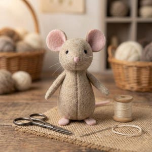 May include: A handmade felt mouse with pink ears and feet stands on a burlap surface. A small spool of thread, scissors, and a needle are nearby. The mouse is light brown and appears to be a craft item.